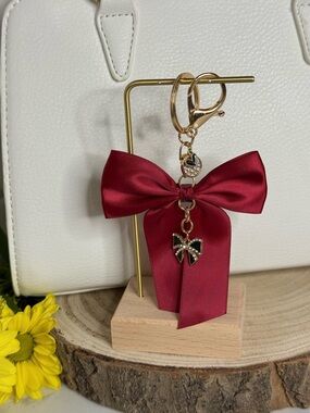 Elegant Burgundy Ribbon Bow Keychain with Gold Accents